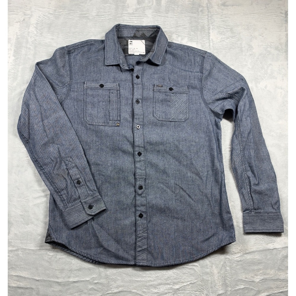 SPLIT Men's L Herringbone Denim Shirt Blue Double Pocket Skate Surf Y2K Style